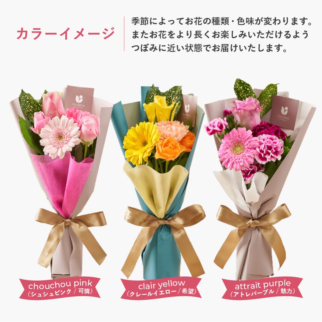 3 色のカラーイメージ。ピンク、イエロー、パープル