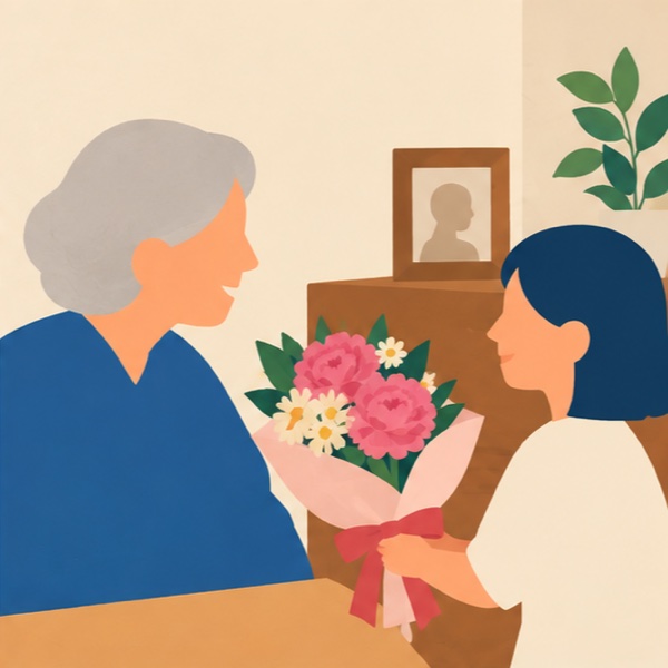 孫が祖母に芍薬の花束を手渡すイラスト。後ろの棚に写真立て