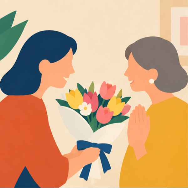 娘が母にチューリップの花束を手渡すイラスト