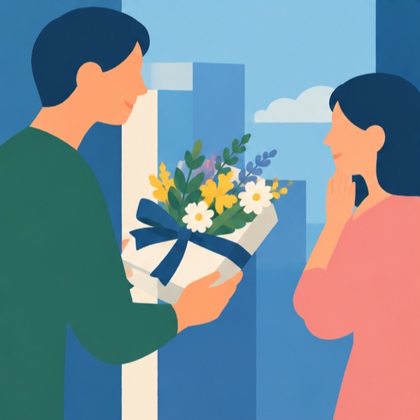 夫が妻にリボンの付いた花束を手渡すイラスト